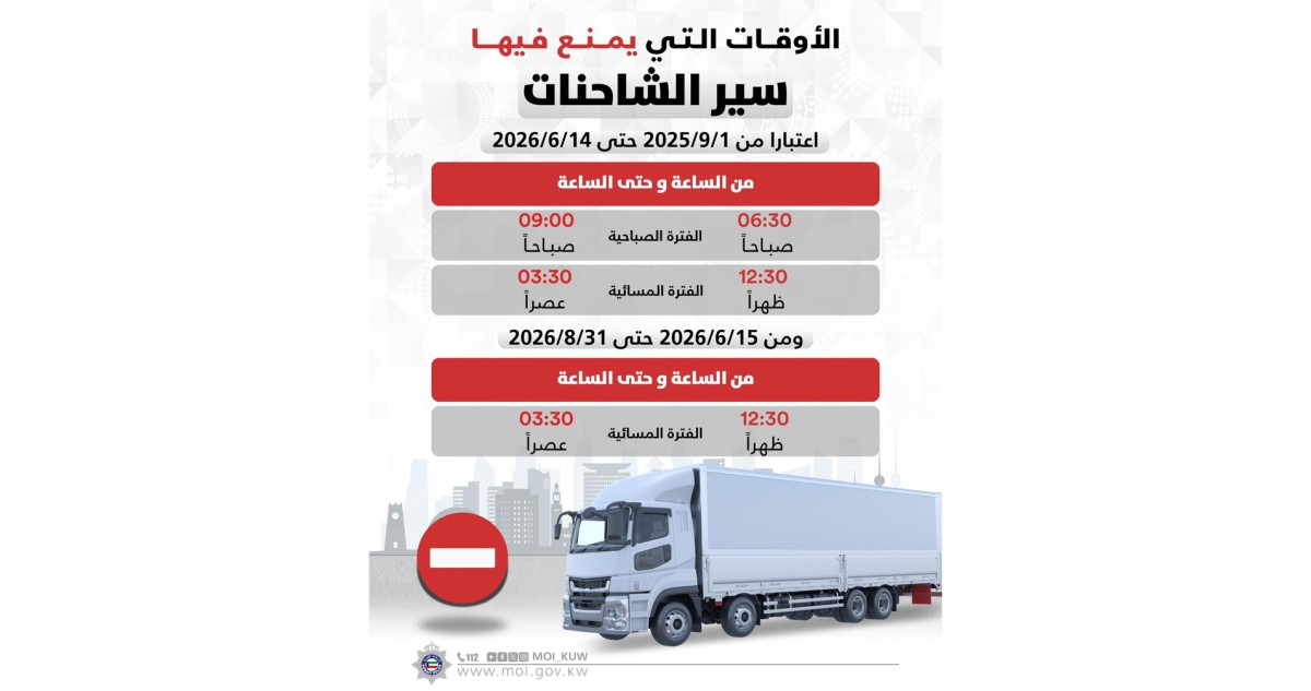 'المرور' تحدد أوقات منع سير الشاحنات على الطرق الرئيسية
