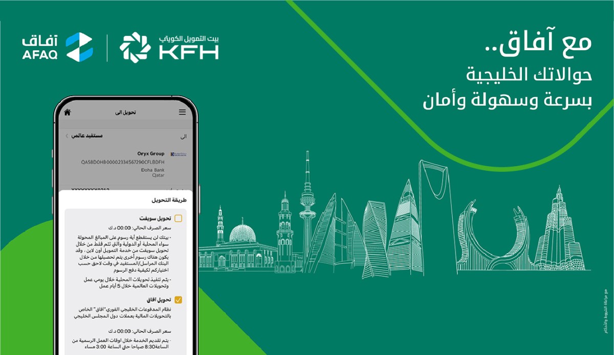 بيت التمويل الكويتي: إقبال على خدمة 'آفاق' لتحويل الأموال للبنوك الخليجيّة عبر 'KFHOnline'