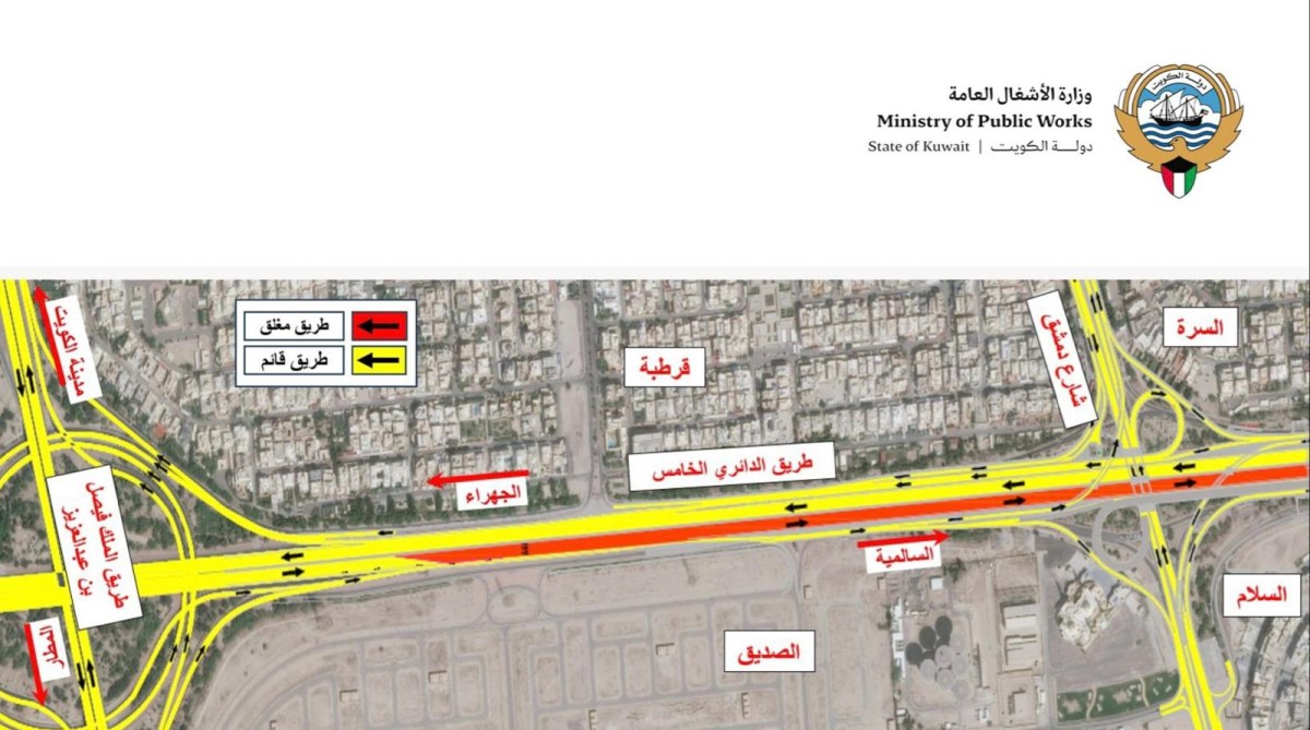 الكويت – “الأشغال”: إغلاق مؤقت للطريق الدائري الخامس باتجاه السالمية