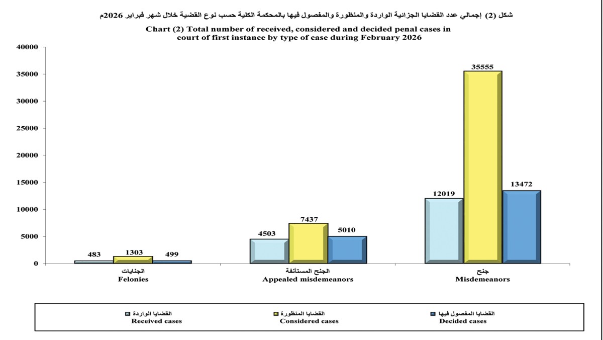 'العدل': 85 ألف قضية أمام 'الكلية' و6 آلاف في 'الاستئناف' خلال فبراير