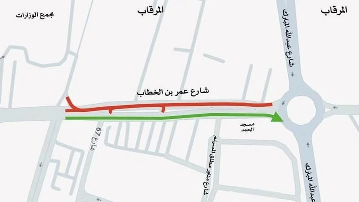 'المرور': إغلاق كلي لشارع عمر بن الخطاب باتجاه مجمع الوزارات حتى الأحد