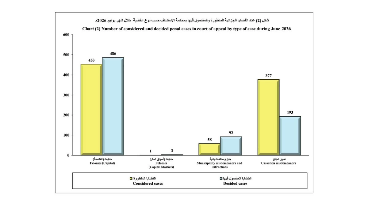 محكمة الاستئناف تفصل في 5030 قضية خلال يونيو بإنجاز 84.1%